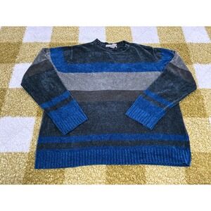 Retreat Chenille Sweater Mens Medium Blue Grey Striped Crewneck Knit Plush Soft